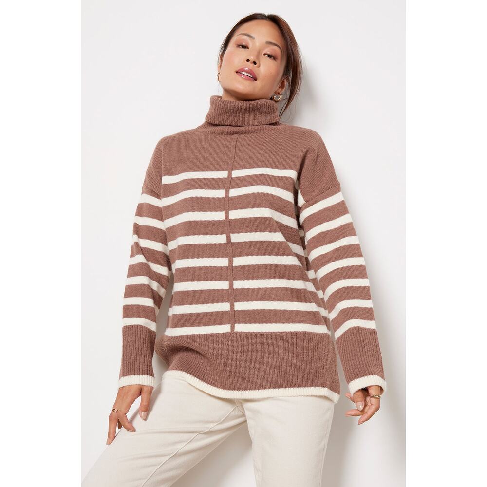 Evereve Line and Dot Stripe Turtleneck Tunic Sweater Brown Cream Women's XS